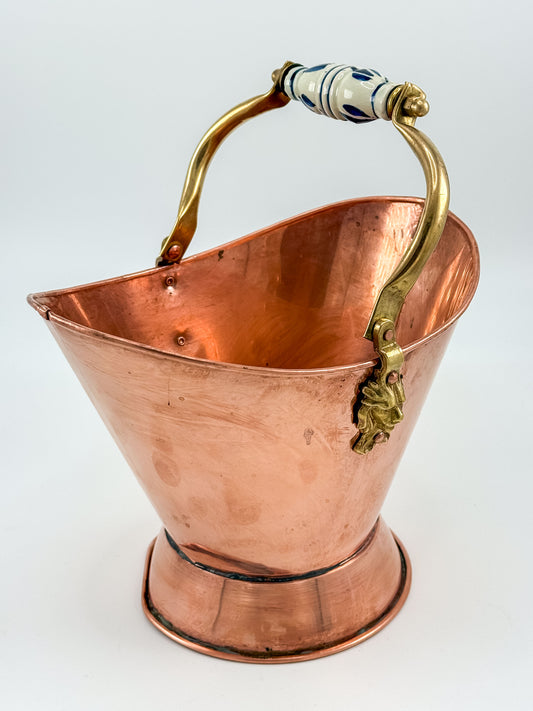 Copper and Brass Coal Scuttle with Porcelain Handle