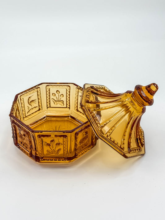 Vintage Imperial Glass Amber Octagonal Lidded Dish