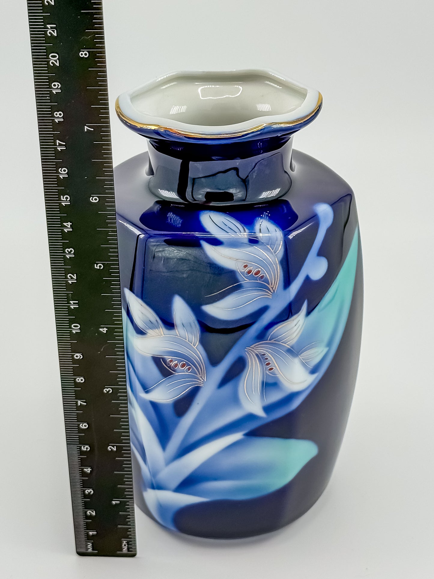 Hand-Painted Porcelain Cobalt Blue Floral Vase