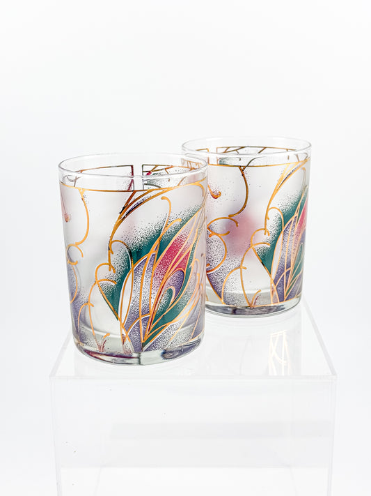 Culver Abstract Floral 22k Gold Rocks Glasses — Set of 2