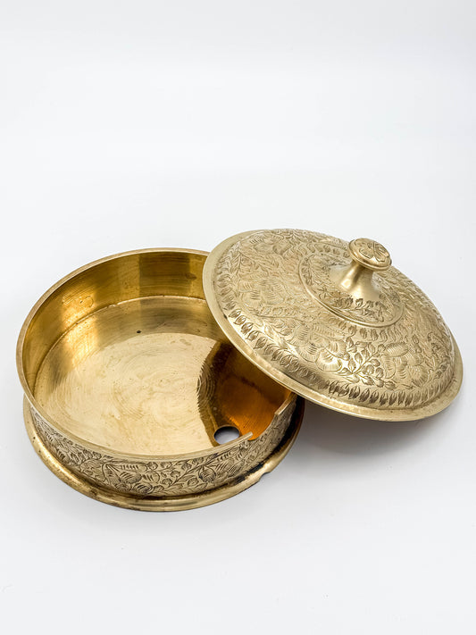 Vintage Brass Etched Floral Round Trinket Box