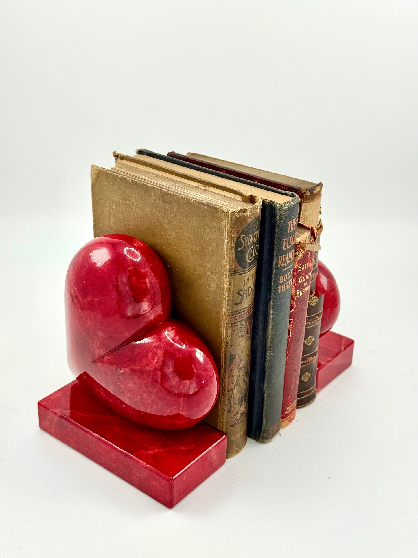 Vintage Hand-Carved Red Alabaster Heart Bookends by Ducceschi, Volterra Italy — Genuine Stone, Sold as a Pair
