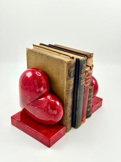 Vintage Hand-Carved Red Alabaster Heart Bookends by Ducceschi, Volterra Italy — Genuine Stone, Sold as a Pair