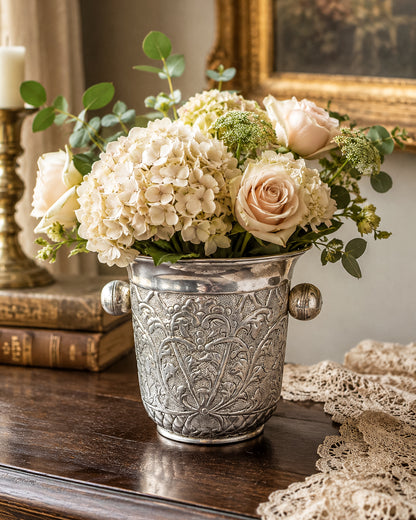 Vintage Repoussé Floral Ice Bucket, Champagne Bucket or Vase with Spherical Handles