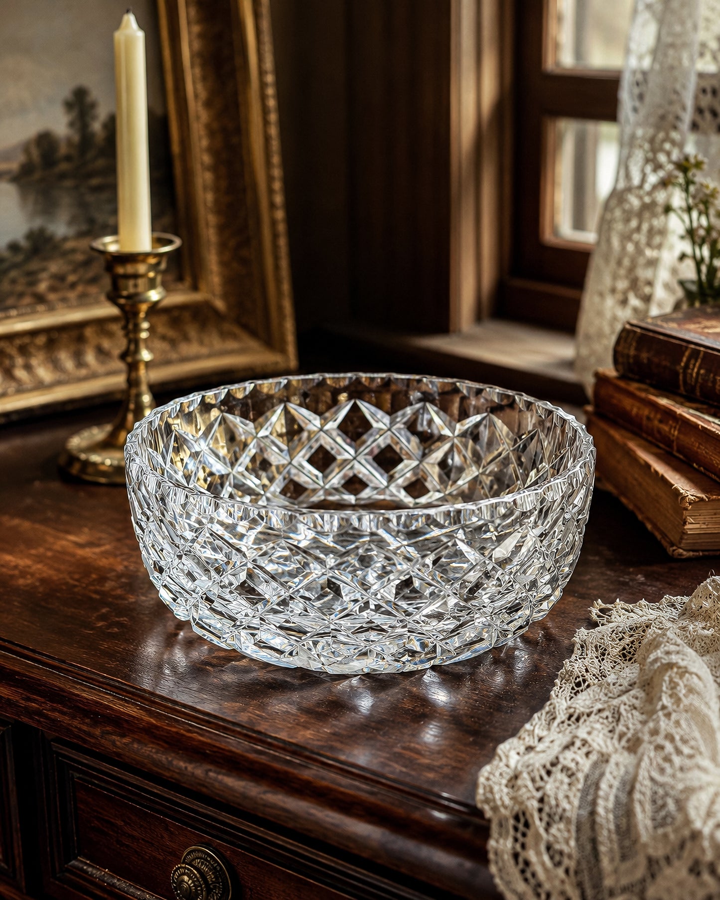 Vintage Cut Crystal Bowl with Diamond and Hobstar Pattern, Large Heavy Lead Crystal Serving Bowl