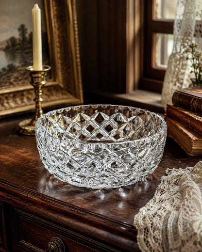 Vintage Cut Crystal Bowl with Diamond and Hobstar Pattern, Large Heavy Lead Crystal Serving Bowl