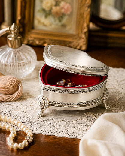 Vintage Heart-Shaped Trinket Box on Three Lion's Paw Feet, Engraved Interior and Crimson Velvet Lining