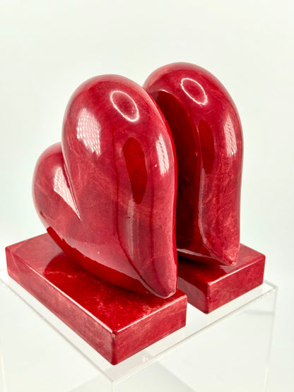 Vintage Hand-Carved Red Alabaster Heart Bookends by Ducceschi, Volterra Italy — Genuine Stone, Sold as a Pair
