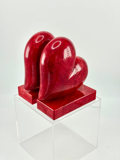 Vintage Hand-Carved Red Alabaster Heart Bookends by Ducceschi, Volterra Italy — Genuine Stone, Sold as a Pair