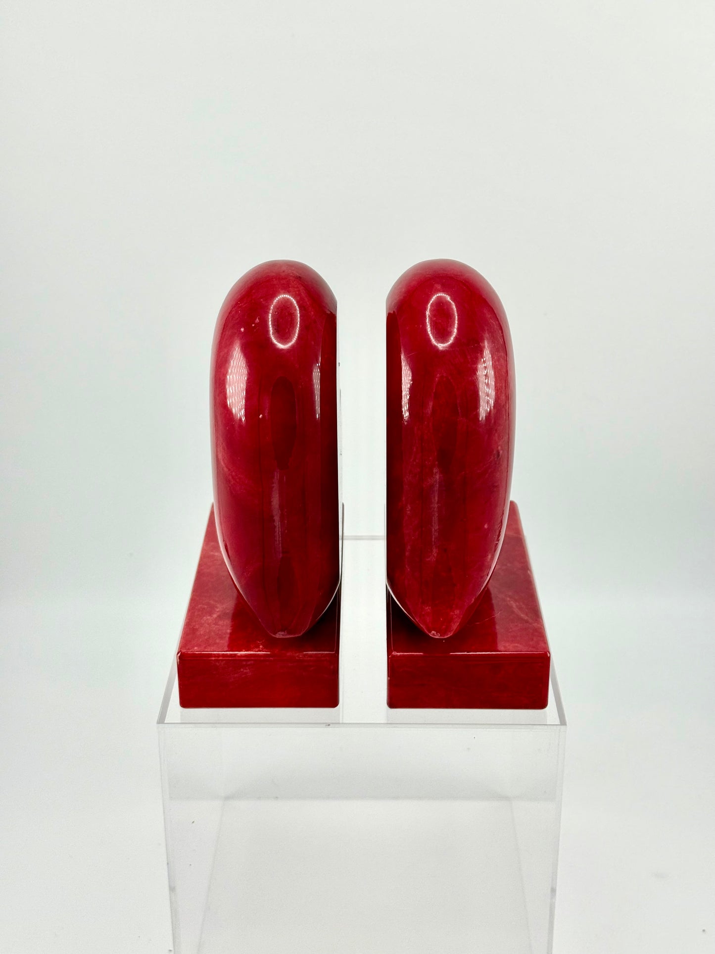 Vintage Hand-Carved Red Alabaster Heart Bookends by Ducceschi, Volterra Italy — Genuine Stone, Sold as a Pair