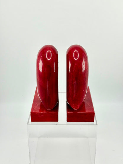 Vintage Hand-Carved Red Alabaster Heart Bookends by Ducceschi, Volterra Italy — Genuine Stone, Sold as a Pair