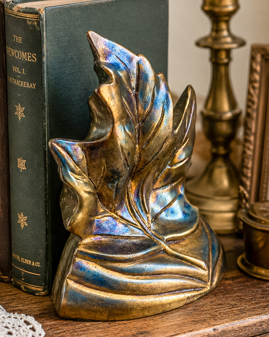 Vintage Brass Maple Leaf Bookend | PM Craftsman | Arts and Crafts Bookend | Iridescent Patina Brass Decor