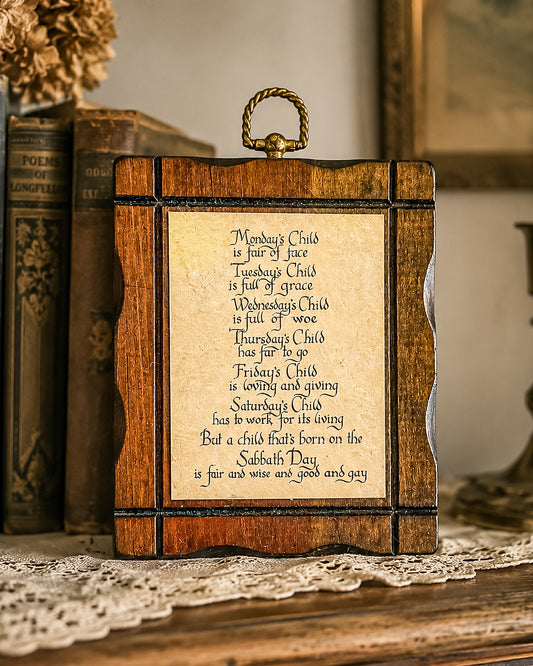 Vintage Monday's Child Nursery Rhyme Wood Wall Plaque | Calligraphy Script | Brass Ring Hanger