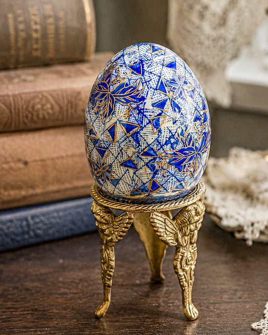 Vintage Chinoiserie Porcelain Egg on Brass Stand — Cobalt Blue & White Floral Patchwork