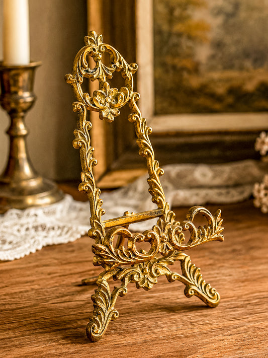 Vintage Brass Rococo Miniature Easel | Ornate Scrollwork Fleur-de-Lis Picture Stand