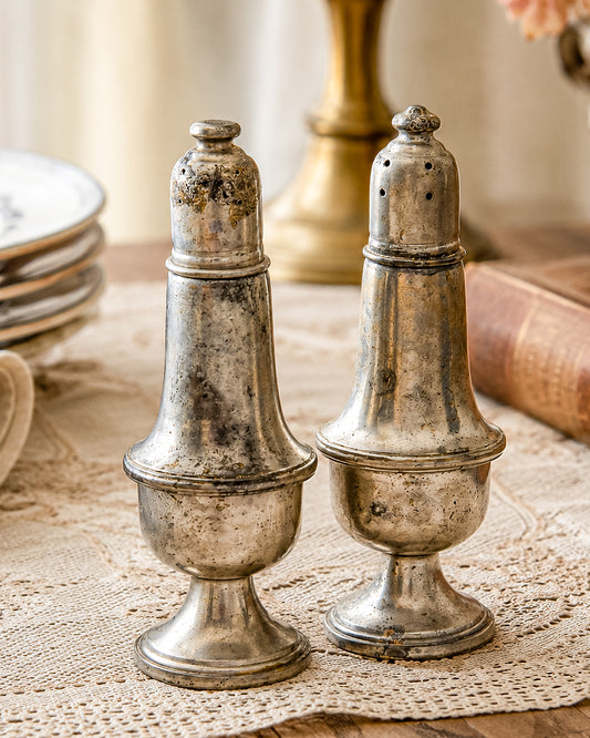 Reed & Barton Pewter Weighted Salt & Pepper Shakers | Baluster Form | Heavy Patina