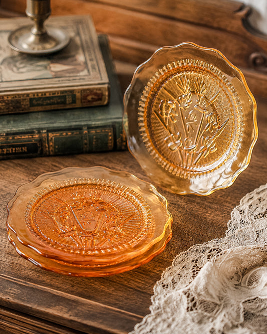 Jeannette Glass Iris & Herringbone Marigold Iridescent Bread Plates | Set of 3