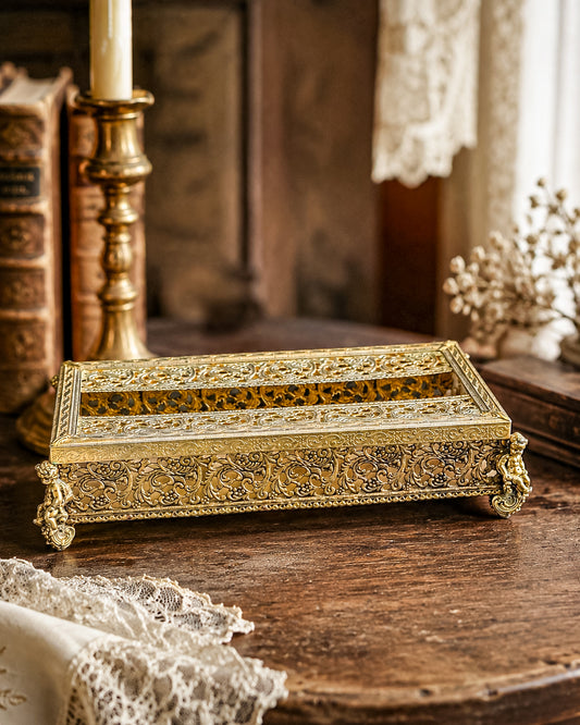 Vintage Hollywood Regency Gold Filigree Tissue Box Cover, Cherub Feet