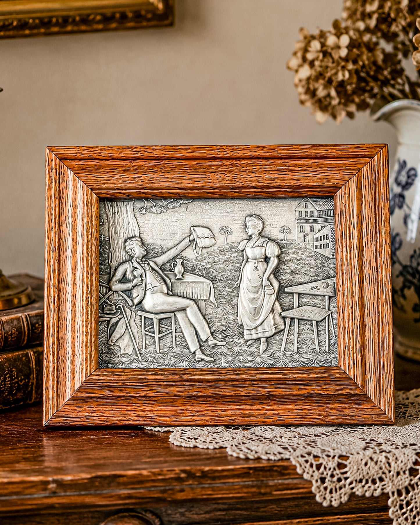 Vintage Framed Pewter Relief Plaque in Oak Frame, European Pastoral Scene Wall Art