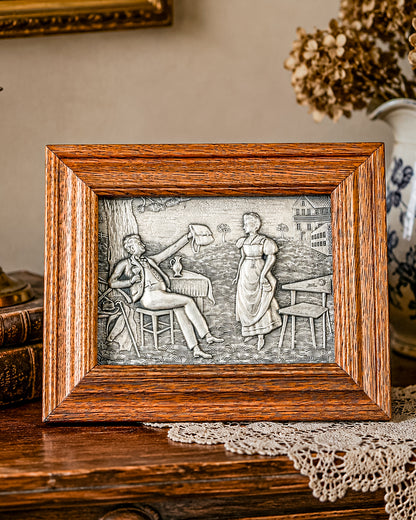 Vintage Framed Pewter Relief Plaque in Oak Frame, European Pastoral Scene Wall Art