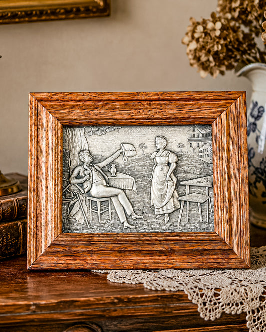 Vintage Framed Pewter Relief Plaque in Oak Frame, European Pastoral Scene Wall Art