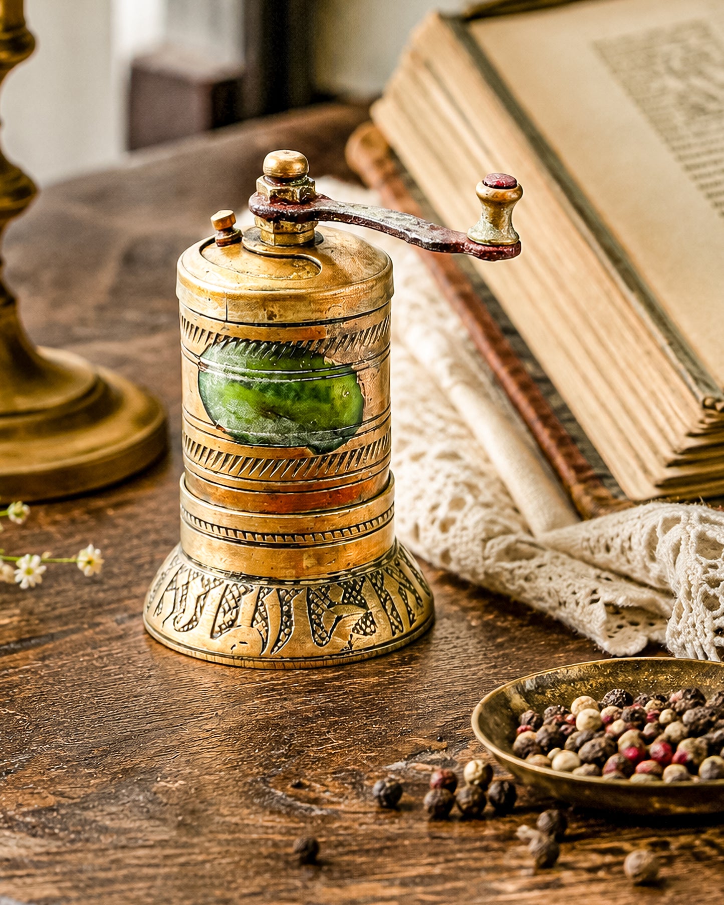 Vintage Turkish Brass Pepper Mill, Ottoman Style Hand Crank Grinder