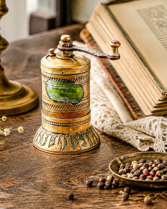 Vintage Turkish Brass Pepper Mill, Ottoman Style Hand Crank Grinder