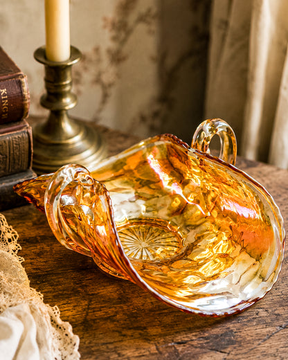Vintage Marigold Carnival Glass Two-Handled Bon Bon Dish | Open Basket | Iridescent Orange Art Glass