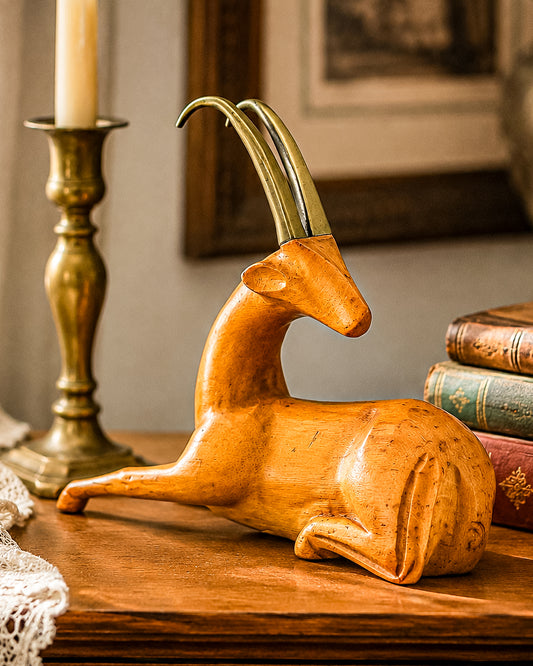 Great City Traders Carved Wood & Brass Reclining Gazelle Figurine | Mid-Century Modern Animal Sculpture
