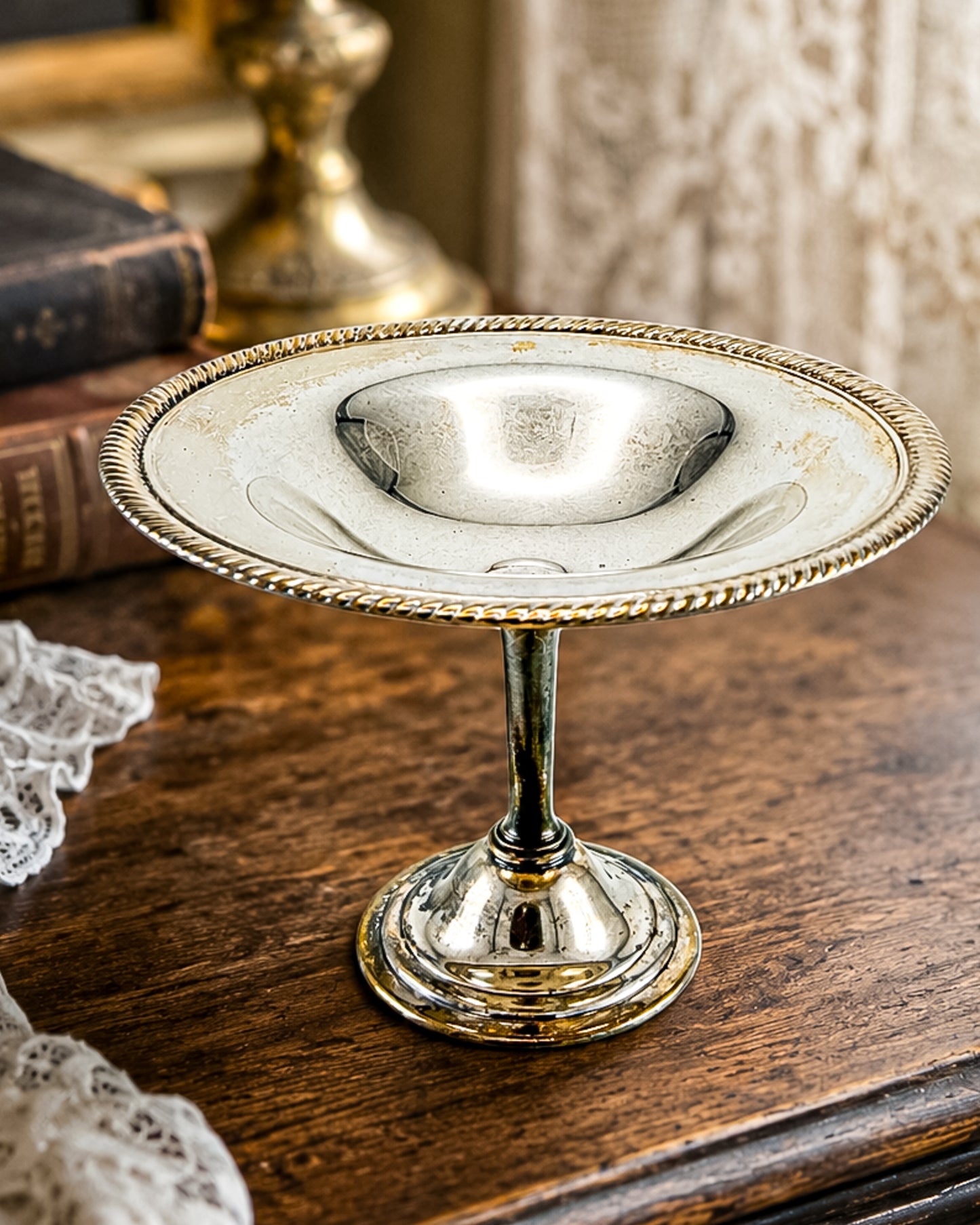 Vintage Silver Plate Compote | Gadroon Rim | Columnar Pedestal | Unmarked Tazza Dish