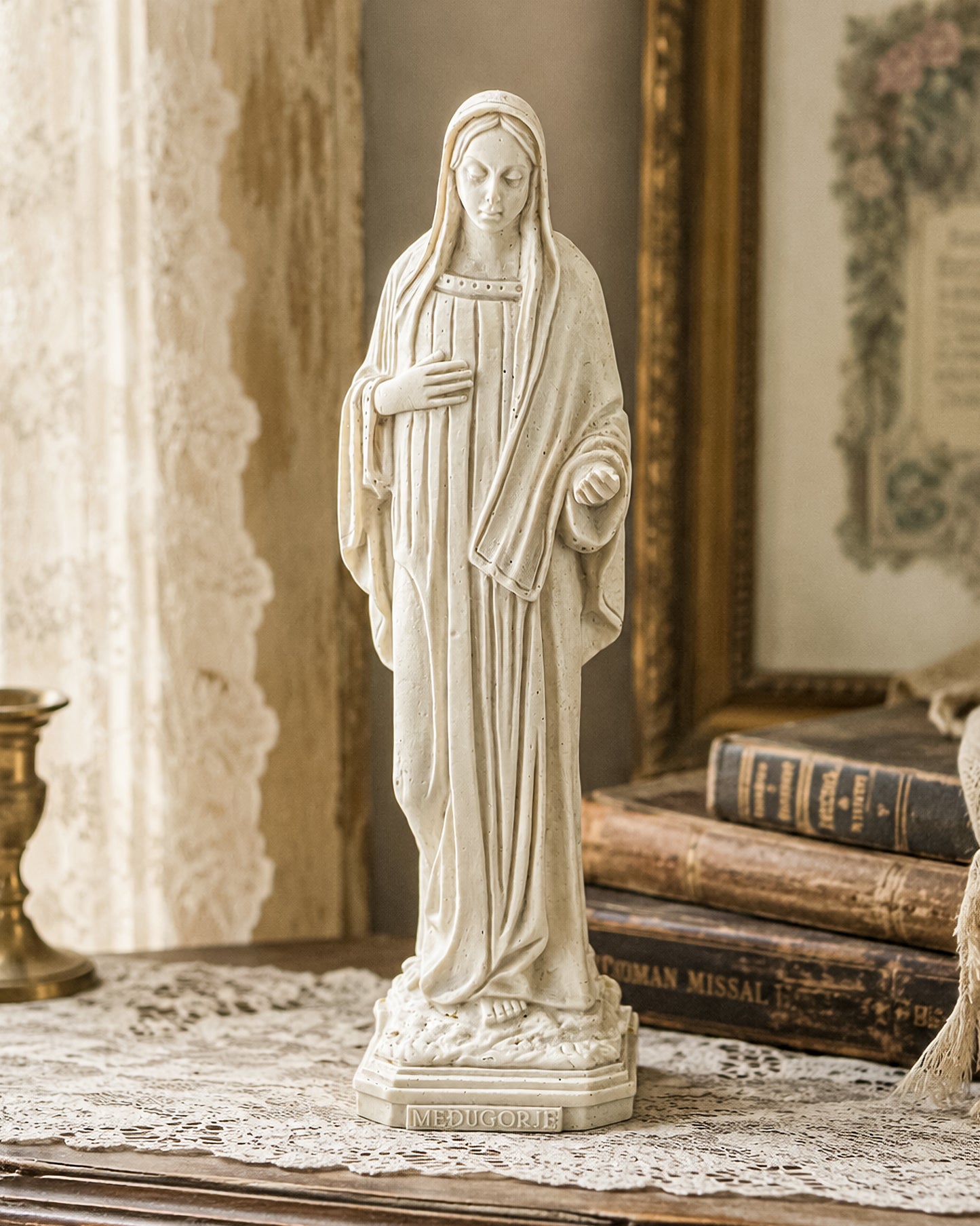 Vintage Our Lady of Medjugorje Ivory Resin Statue, Virgin Mary Figurine