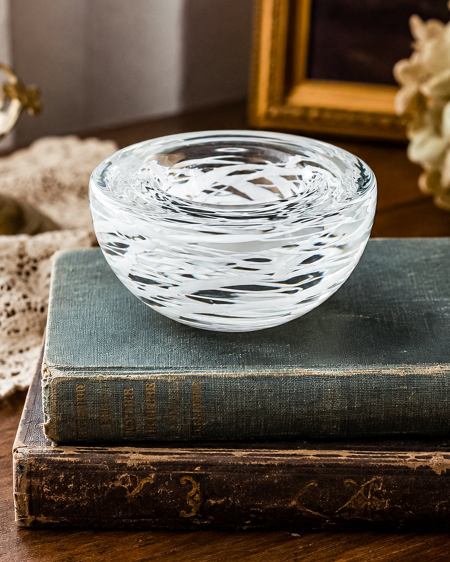 Vintage Kosta Boda Clear Art Glass Candle Holder | White Swirl Design | Swedish Art Glass