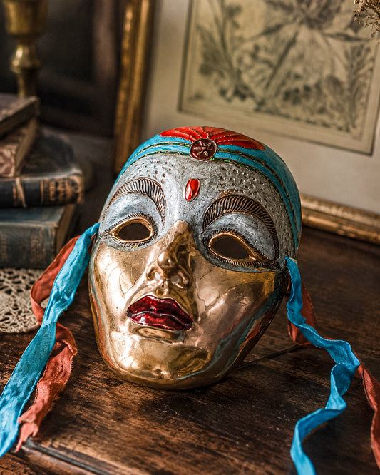 Vintage Brass Face Mask with Polychrome Enamel, South Asian Wall Decor