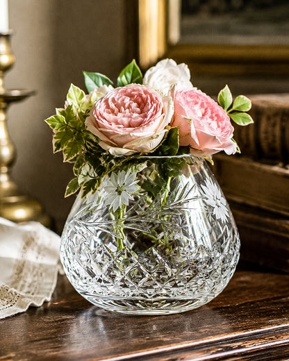 Vintage Edinburgh Crystal Rose Bowl with Daisy Engraving and Diamond Cut Pattern