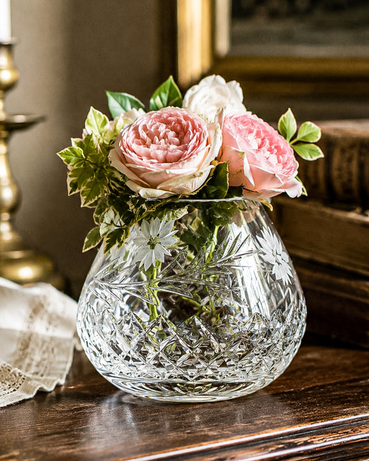 Vintage Edinburgh Crystal Rose Bowl with Daisy Engraving and Diamond Cut Pattern