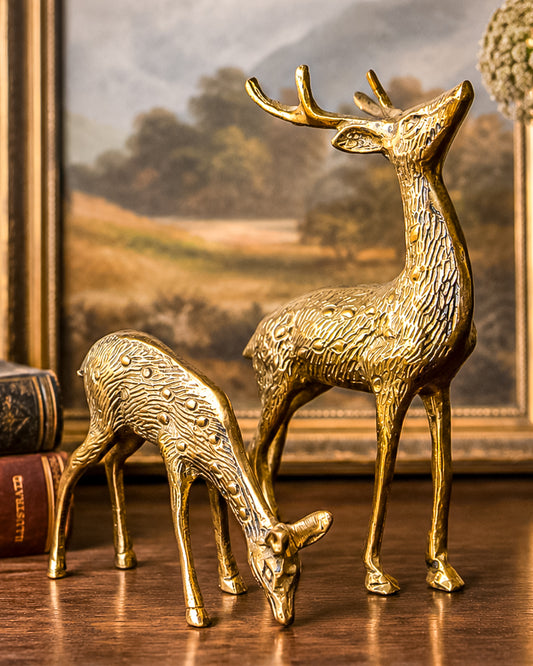 Vintage Brass Deer Figurines Stag and Doe Matched Set Etched Fur Detail Mid Century Decor