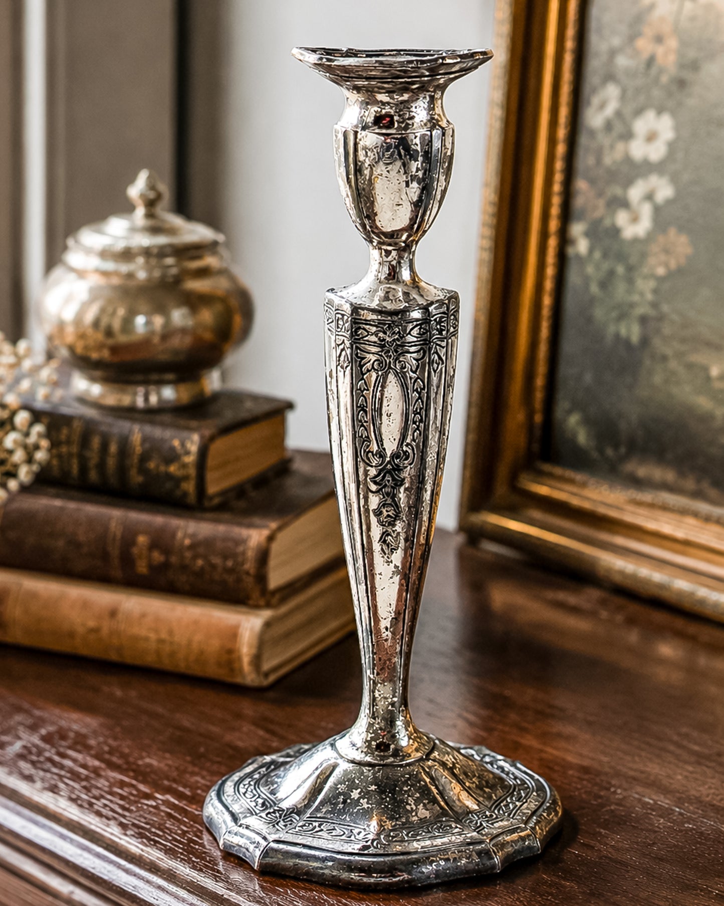 Vintage Silver Plated Candlestick Holder Ornate Scrollwork Edwardian Style Heavy Tapered Column