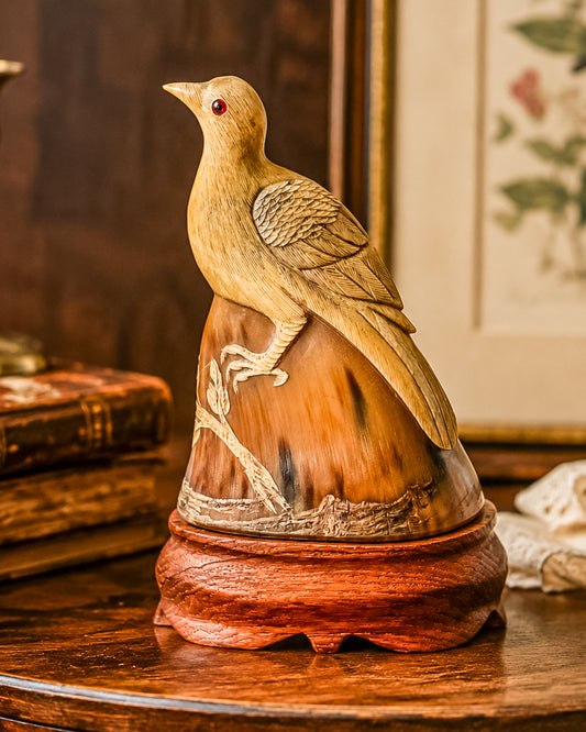 Vintage Hand-Carved Water Buffalo Horn Bird Sculpture on Wooden Base Red Eyes Folk Art