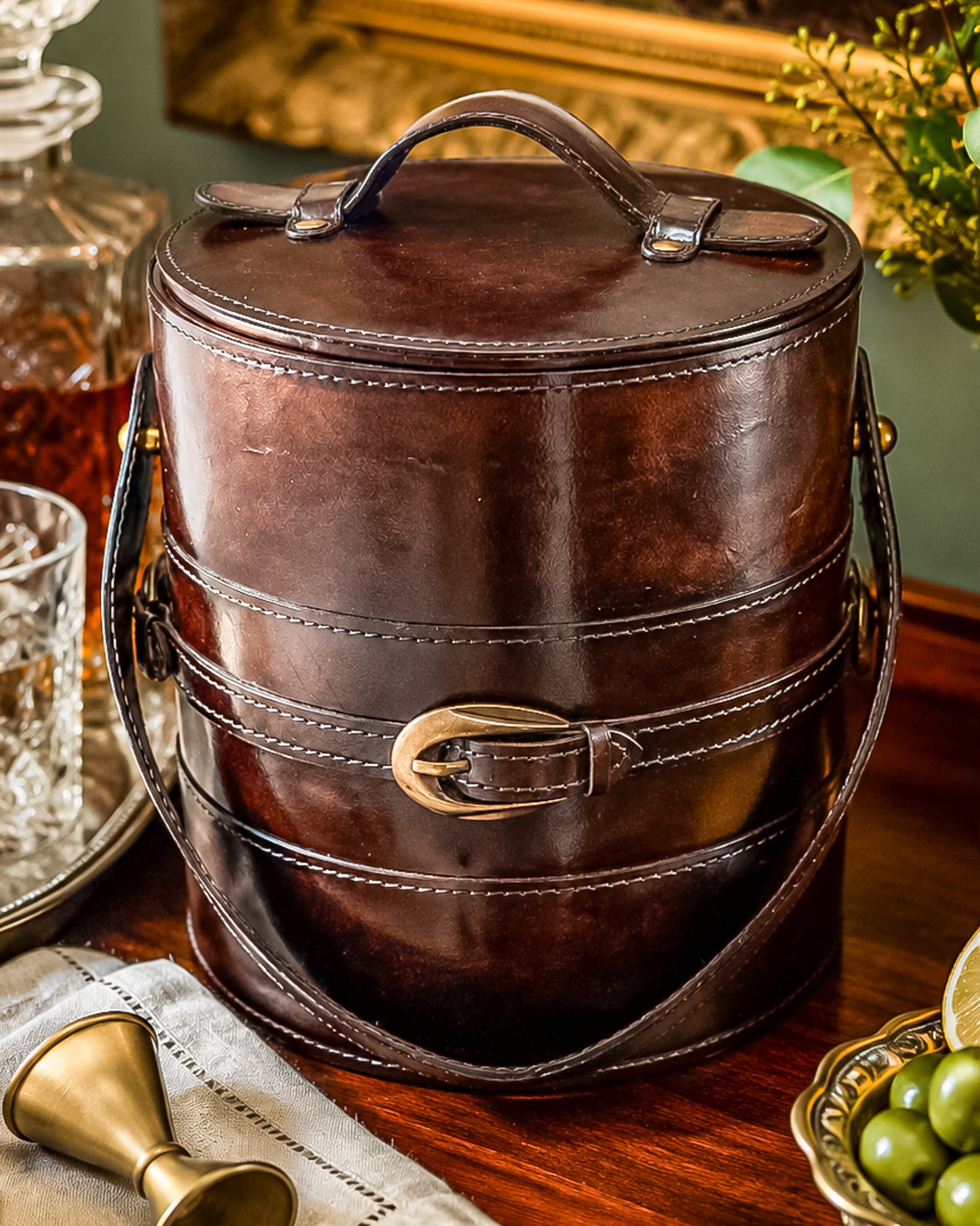 Vintage Brown Faux Leather Ice Bucket with Stainless Steel Liner Gold Buckle Mid Century Barware