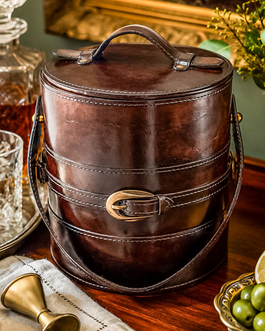 Vintage Brown Faux Leather Ice Bucket with Stainless Steel Liner Gold Buckle Mid Century Barware