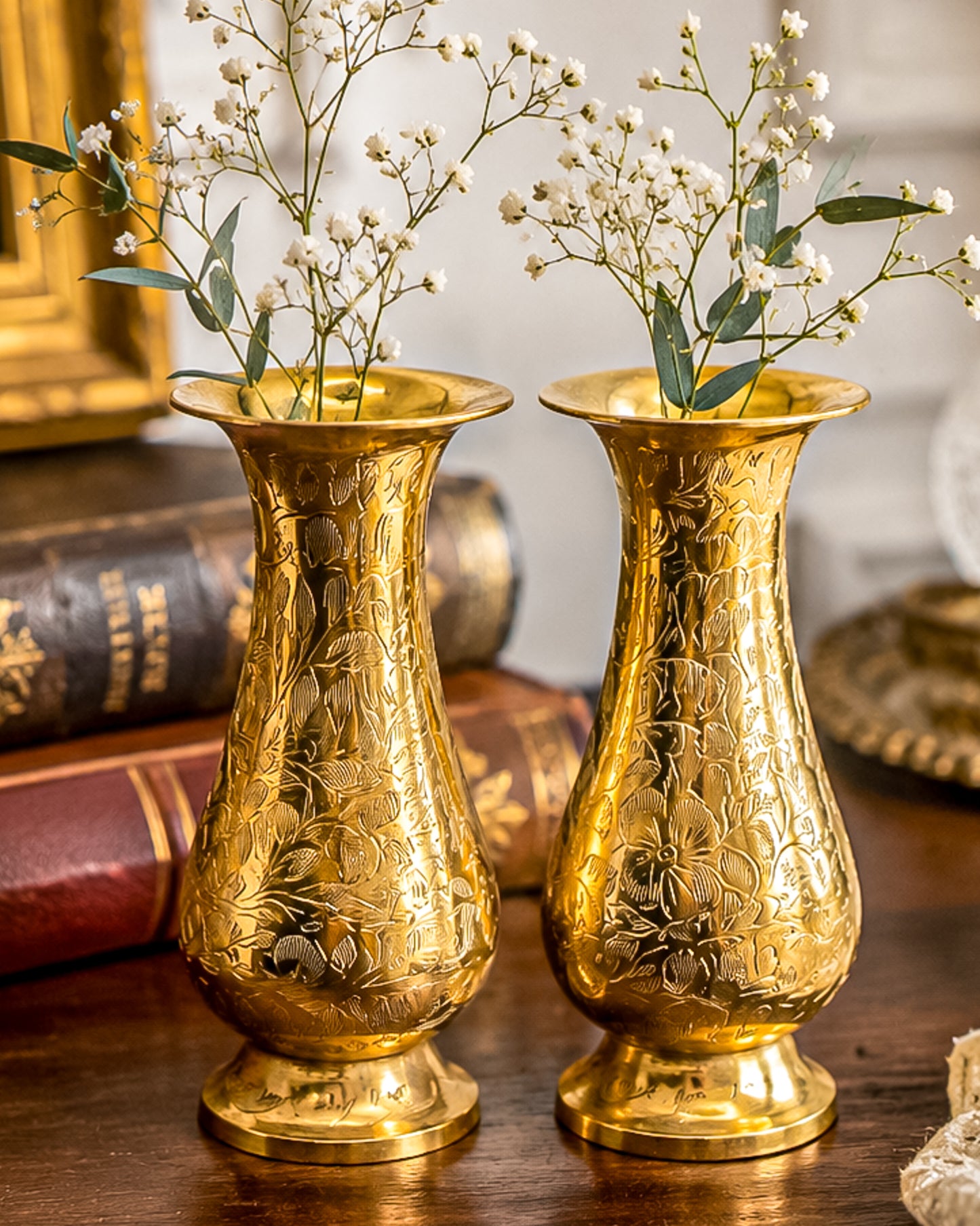 Vintage Hand-Engraved Brass Bud Vases with Floral Motif, Sold as a Pair