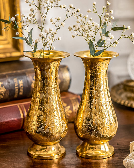 Vintage Hand-Engraved Brass Bud Vases with Floral Motif, Sold as a Pair