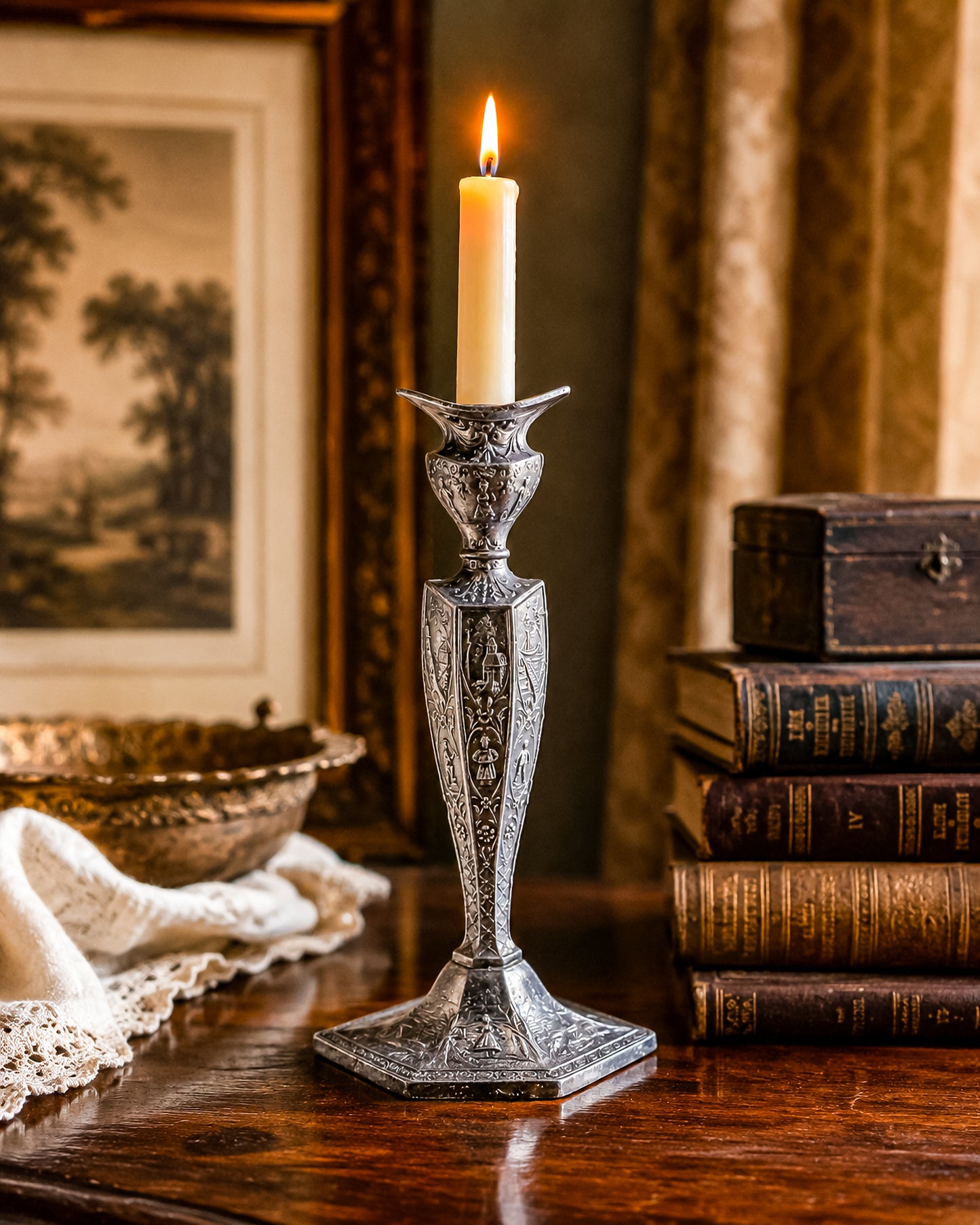 Antique Dutch Storyteller Candlestick with Figural Relief Panels and Fine Dutch Finish, Early 1900s