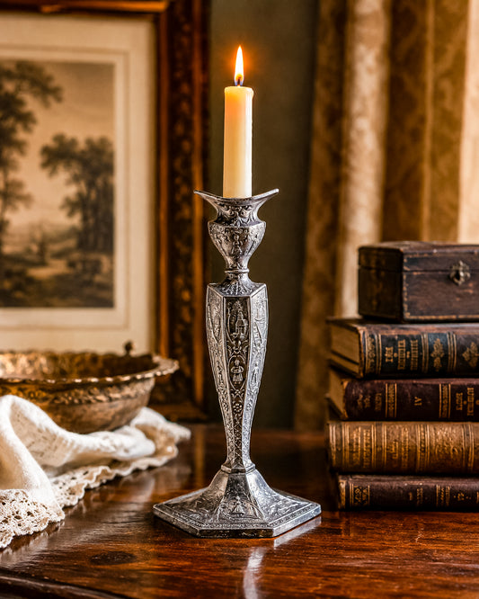 Antique Dutch Storyteller Candlestick with Figural Relief Panels and Fine Dutch Finish, Early 1900s