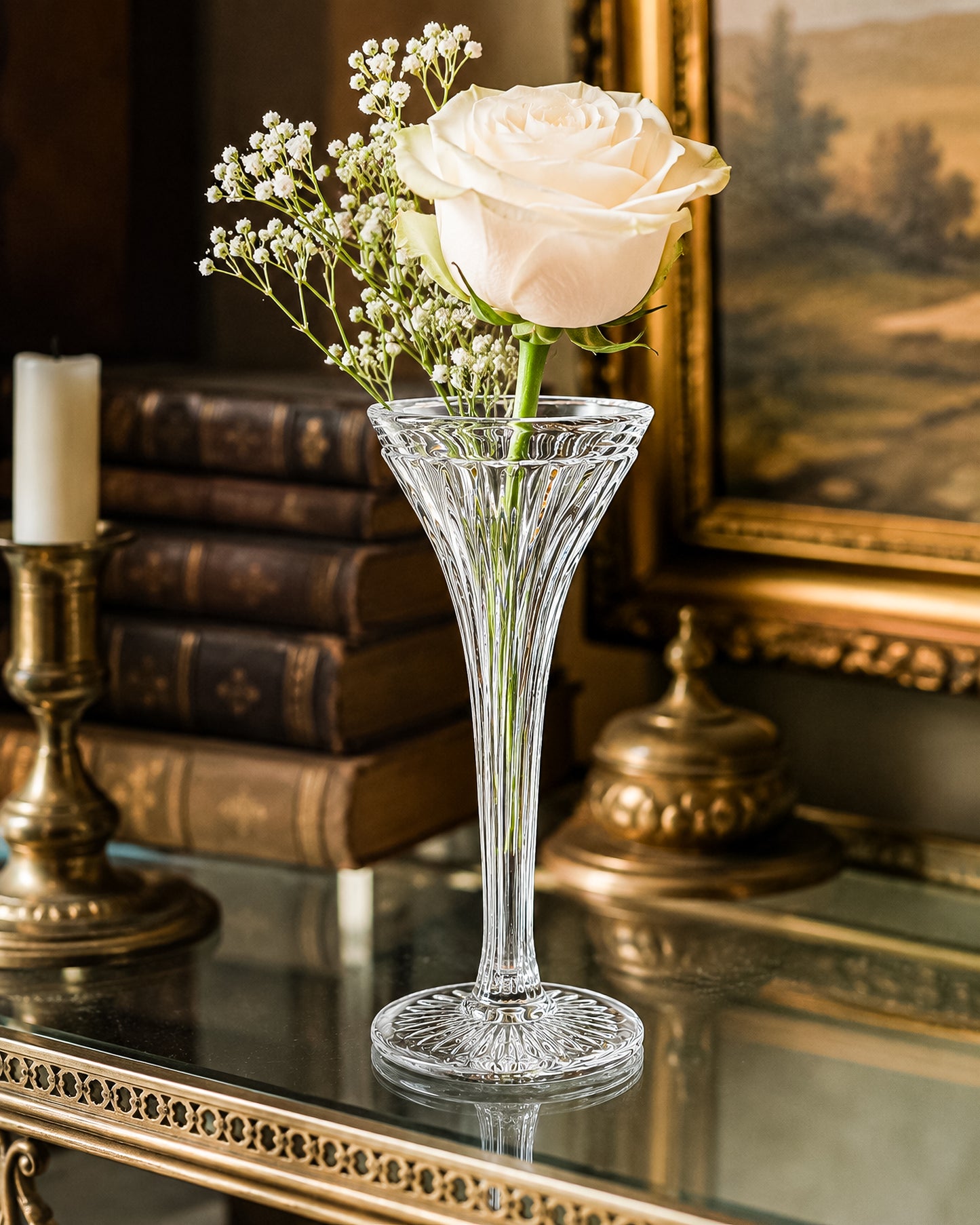 Vintage New Martinsville Fluted Trumpet Shelf Support Vase, Ribbed Clear Glass Shelf Divider Bud Vase, Starburst Base