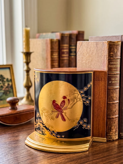 Vintage Grammes Oriental Enamel Bookends, Black Gold Celestial Moon Red Bird Scene, Brass & Wood Pair