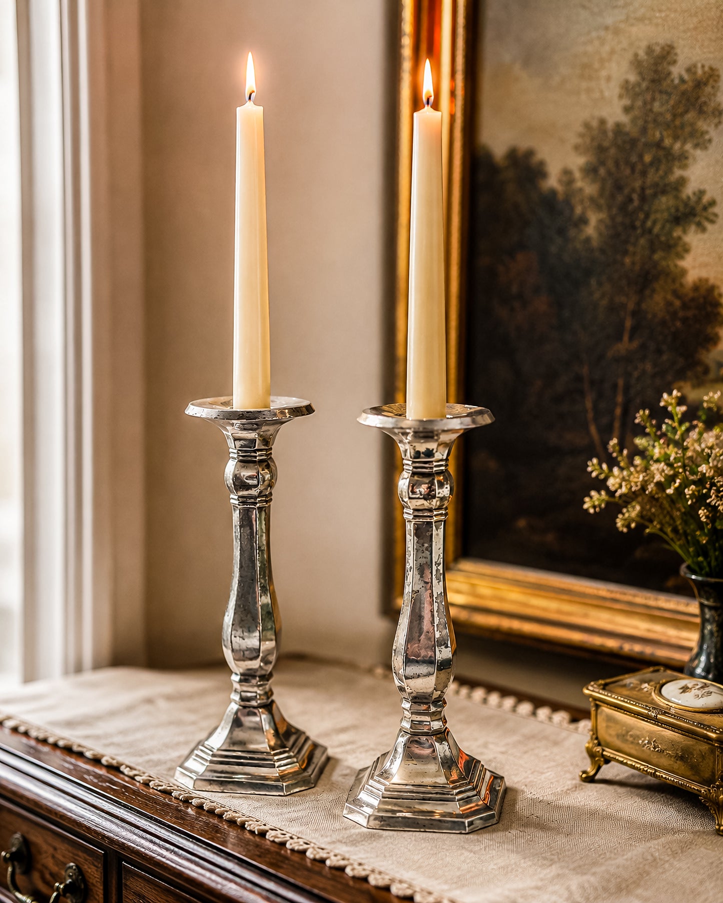 Pottery Barn Discontinued Large Silverplate Candlestick Holders, Octagonal Baluster Taper Candle Holders, Pair