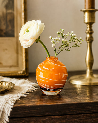 Vintage Honey Swirl Art Glass Small Hand Blown Bud Vase, White Threaded Swirl on Honey Globe Vase
