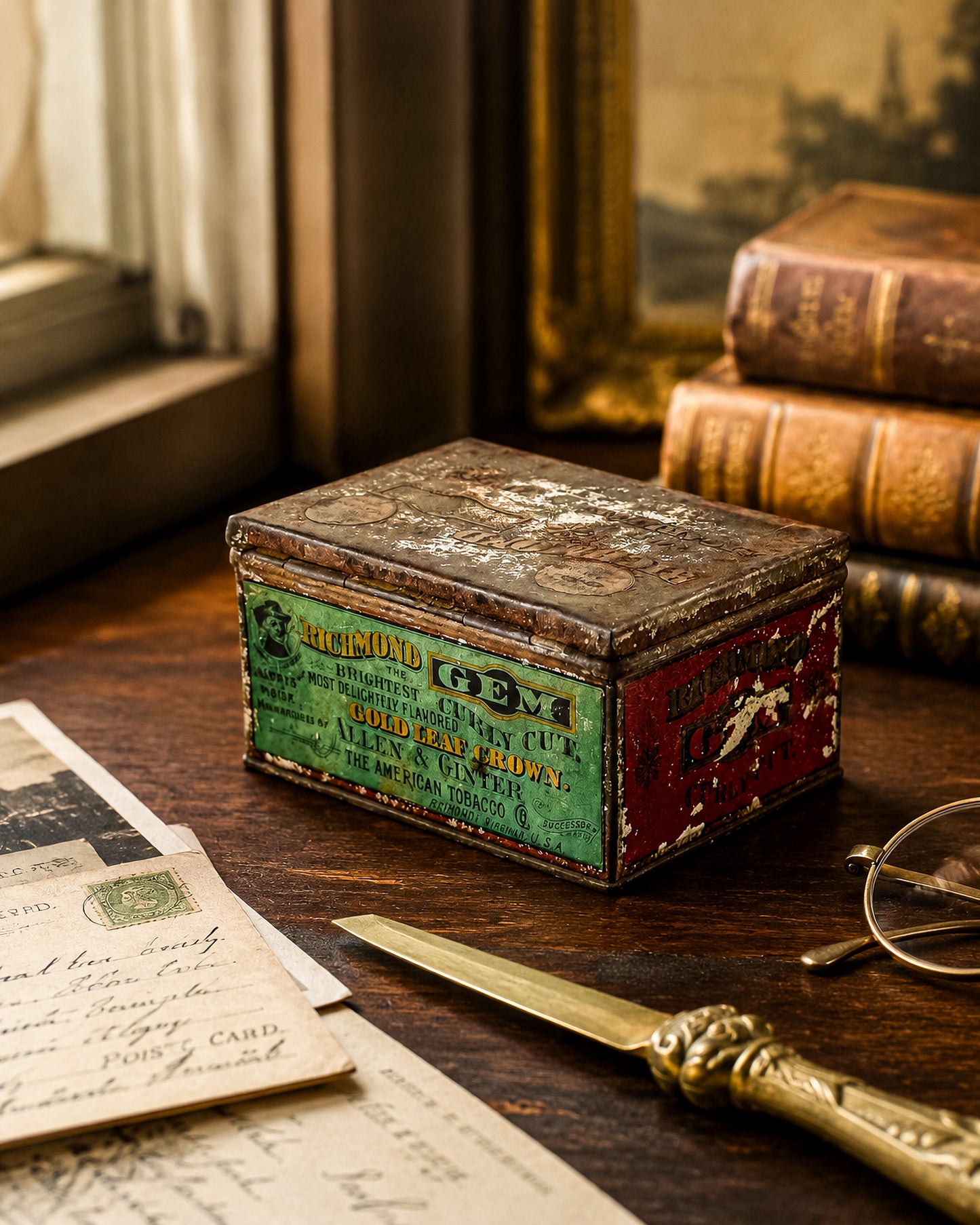 Antique Richmond Gem Curly Cut Tobacco Advertising Tin, Allen & Ginter American Tobacco Co., Empty Hinged Lid Tin