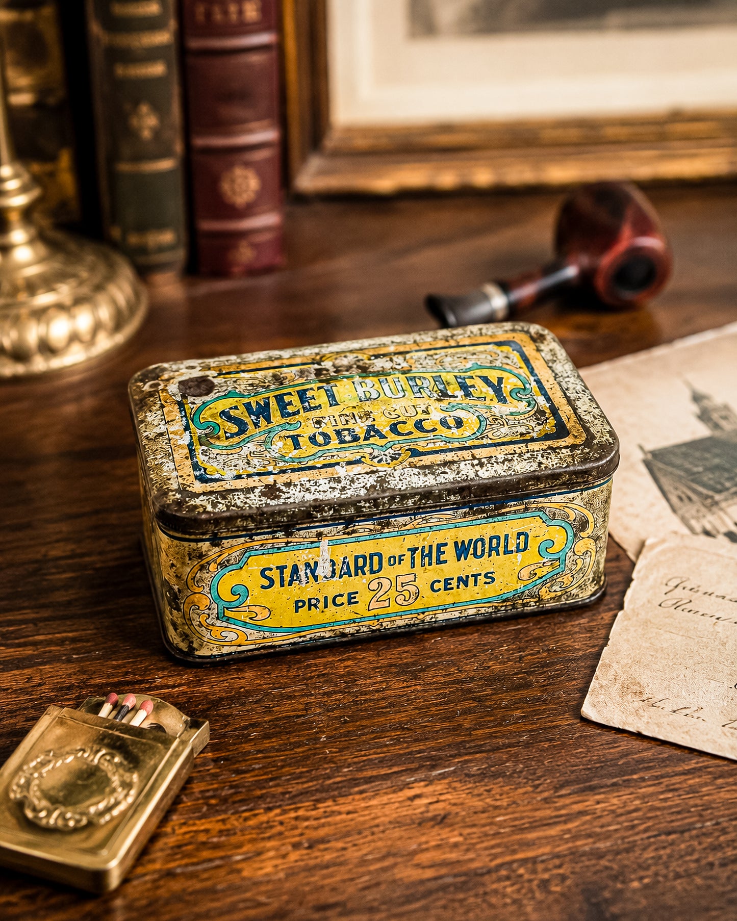 Antique Sweet Burley Fine Cut Tobacco Tin, Standard of the World 25 Cents, Vintage Advertising Hinged Lid Tin